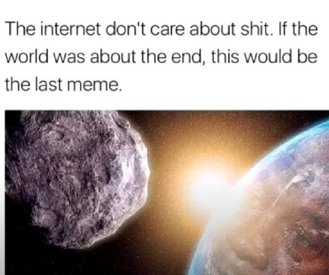 The internet don't care about shit. If the world was about the end, this would be the last meme. +1: