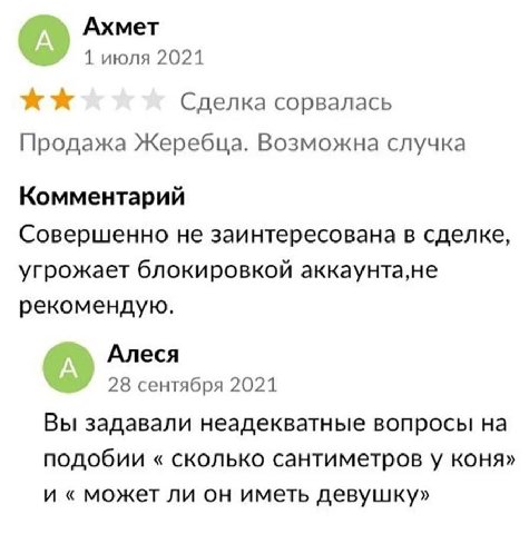 Ахмет 1 июля 2021 Сделка сорвалась Продажа Жеребца. Возможна случка Комментарий Совершенно не заинтересована в сделке, угрожает блокировкой аккаунта,не рекомендую. Алеся 28 сентября 2021 Вы задавали н