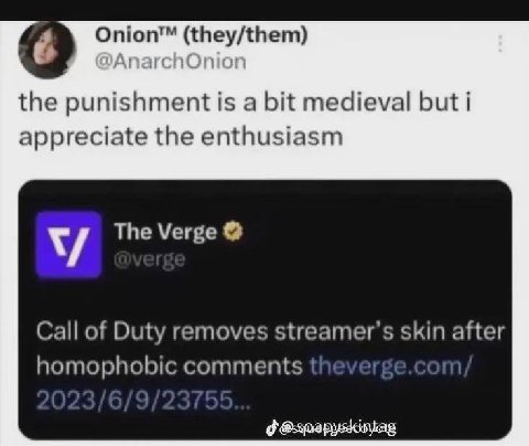 6 Onion™ (they/them) the punishment is a bit medieval but i appreciate the enthusiasm The Verge Call of Duty removes streamer’s skin after homophobic comments