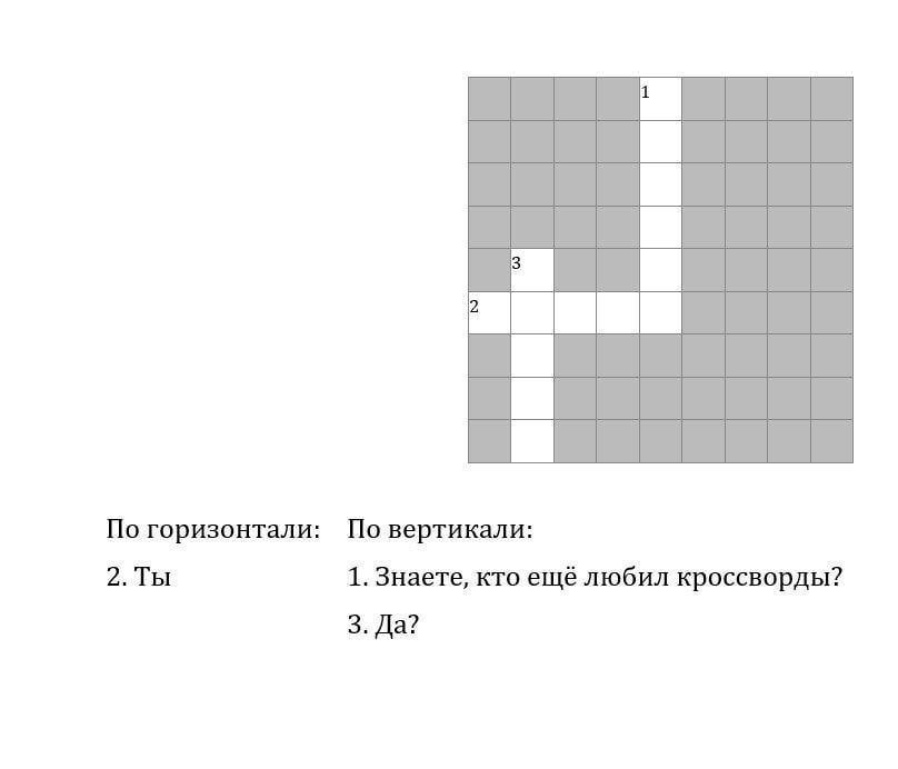 По горизонтали: По вертикали: 2.Ты 1. Знаете, кто ещё любил кроссворды? 3. Да?