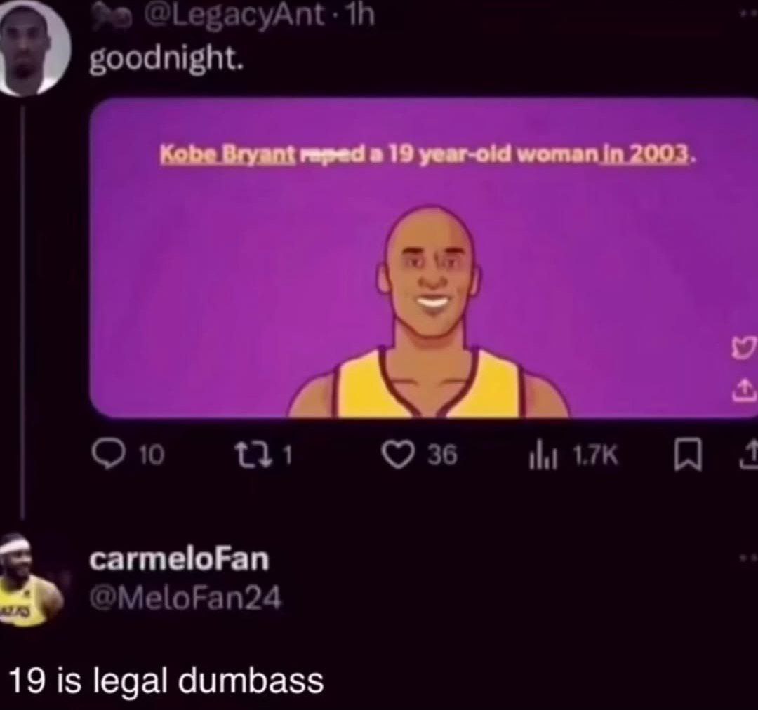 @LegacyAnt: goodnight. 10 36 и На @MeloFan24 19 is legal dumbass