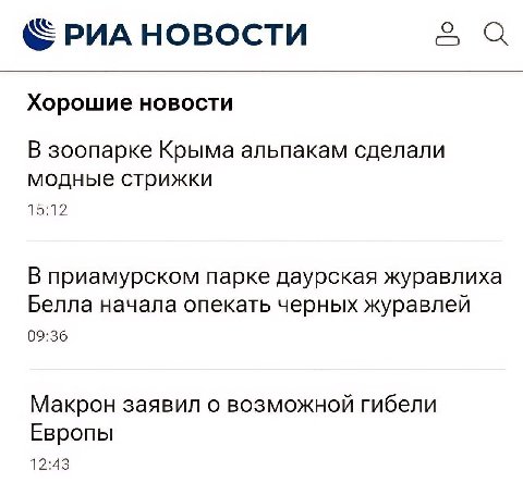 О «РИА НОВОСТИ Хорошие НОВОСТИ В зоопарке Крыма альпакам сделали модные стрижки 15:12. В приамурском парке даурская журавлиха Белла начала опекать черных журавлей 09:36 Макрон заявил о возможной гибел