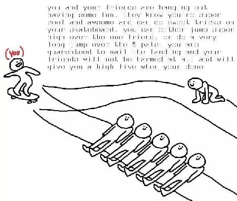 you and your friends are hanging out having some fun. they know you're super cool and awsome and can sweet tricks on your skateboard. you can either jump super high over the one friend, or a very long