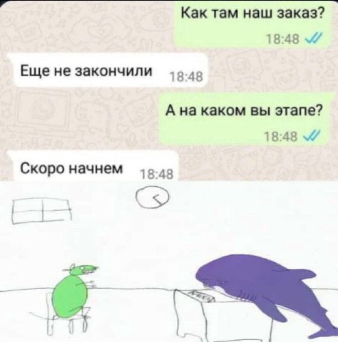 Как там наш заказ? Еще не закончили 18:48 А на каком вы этапе? 18:48 Скоро начнем 18:48