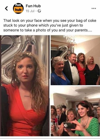 Fun Hub eee 15 That look on your face when you see your bag of coke stuck to your phone which you've just given to someone to take a photo of you and your parents.... we у’. у. he