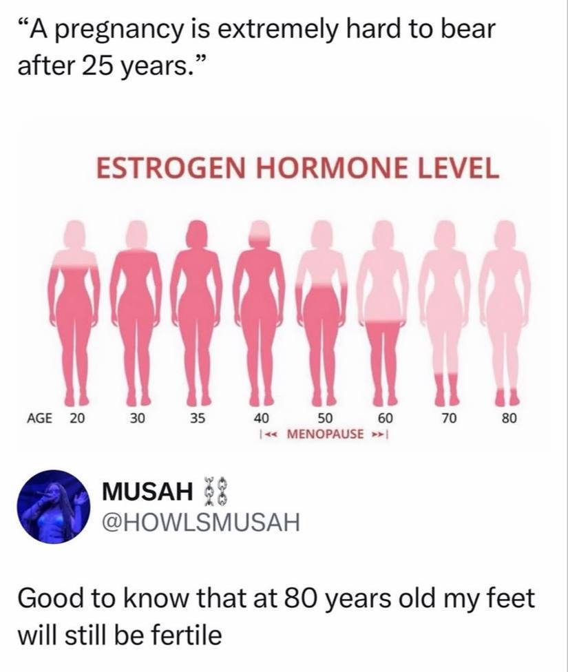 “A pregnancy is extremely hard to bear after 25 years.” ESTROGEN HORMONE LEVEL АСЕ 20 30 35 40 70 80 MUSAH @HOWLSMUSAH Good to know that at 80 years old my feet will still be fertile