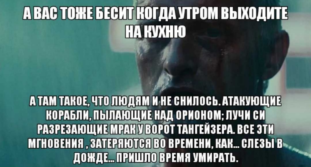 АВАС ТОЖЕ БЕСИТ КОГДА УТРОМ ВЫХОДИТЕ ВУХНЮ А ТАМ ТАКОЕ, ЧТО ЛЮДЯМ ИНЕ СНИЛОСЬ. АТАКУЮЩИЕ КОРАБЛИ, ПЫЛАЮЩИЕ НАД ОРНОНОМ; ЛУЧИСИ РАЗРЕЗАЮЩИЕ МРАК У ВОРОТ ТАНГЕЙЗЕРА. BCE МГНОВЕНИЯ ЗАТЕРЯЮТСЯ ВО ВРЕМЕНИ,