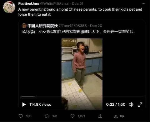 FestiveUme Dec 21 A new parenting trend among Chinese parents, to cook their kid's pet and force them to eat it Dec 20 he views 0:22/1:50 180 341 1,871 A Tip