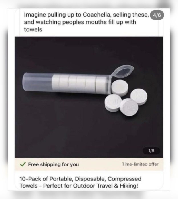 Imagine pulling up to Coachella, selling these, and watching peoples mouths fill up with towels 1/8 Free shipping for you limited Не 10-Pack of Portable, Disposable, Compressed Towels Perfect for Outd