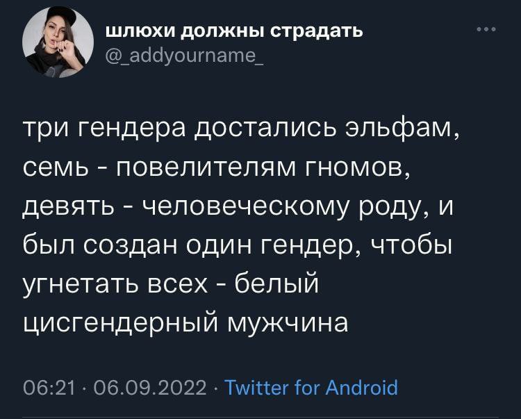 шлюхи должны страдать три гендера достались эльфам, семь повелителям гномов, девять человеческому роду, и был создан один гендер, чтобы угнетать всех белый цисгендерный мужчина