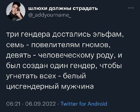 шлюхи должны страдать три гендера достались эльфам, семь повелителям гномов, девять человеческому роду, и был создан один гендер, чтобы угнетать всех белый цисгендерный мужчина