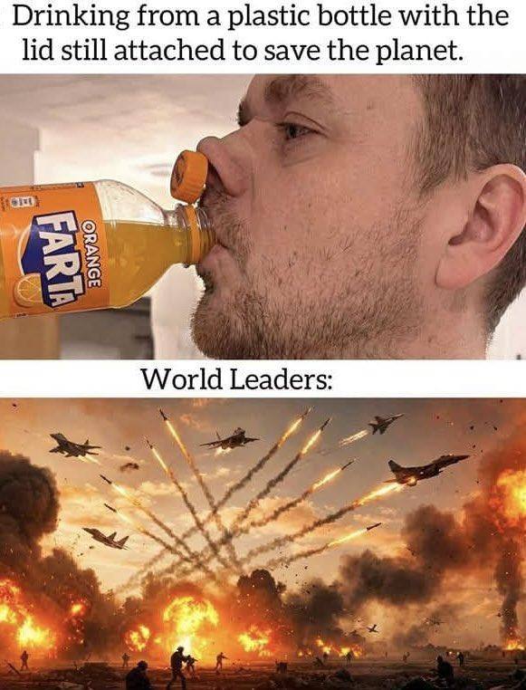 Drinking from a plastic bottle with the lid still attached to save the planet. World Leaders: и