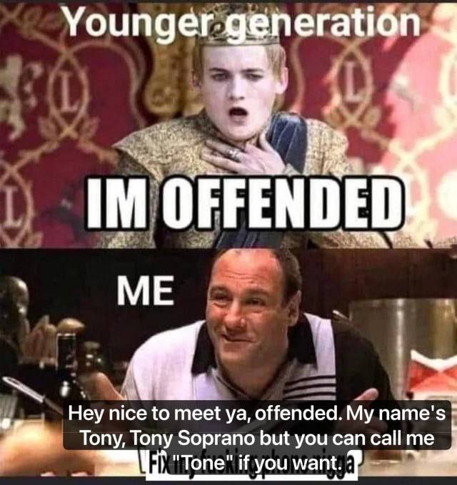 Younger.generatién OFFENDED ME ‘Hey nice to meet offended. My name's Tony, Tony Soprano but you can call me "Топе" if you want.