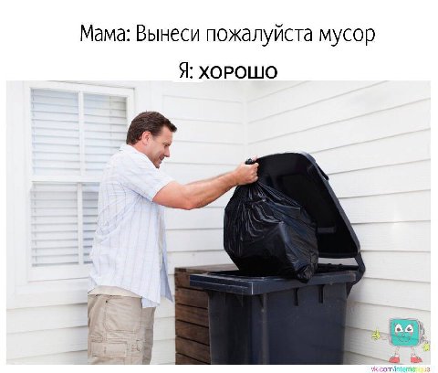 Мама: Вынеси пожалуйста мусор Я: ХОРОШО я