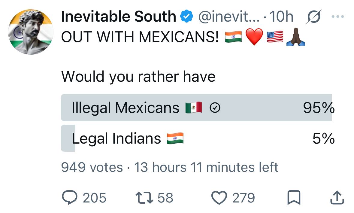 Inevitable South OUT WITH MEXICANS! A Would you rather have Illegal Mexicans 95% 5% Legal Indians 949 votes 13 hours 11 minutes left 205 58 279