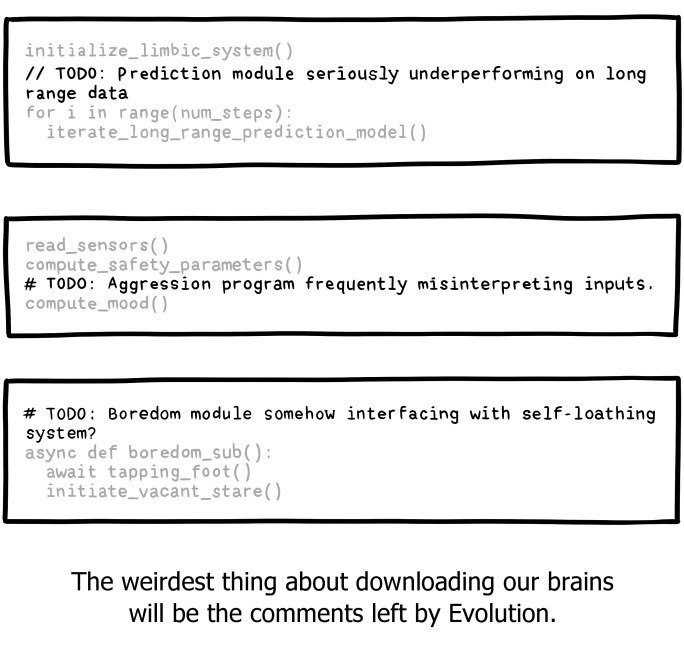 TODO: Prediction module seriously underperforming long range data TODO: Aggression program frequently misinterpreting inputs. 1000: Boredom module somehow interfacing with self-loathing system? The we