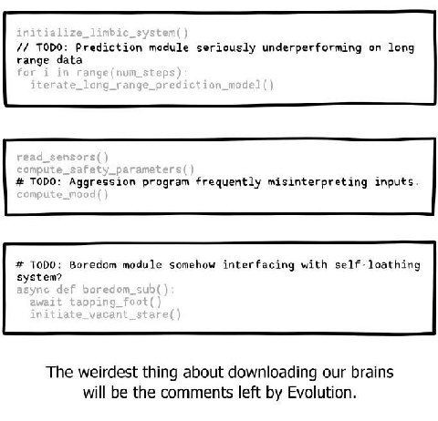 TODO: Prediction module seriously underperforming long range data TODO: Aggression program frequently misinterpreting inputs. 1000: Boredom module somehow interfacing with self-loathing system? The we