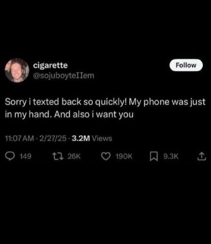 cigarette @sojuboyteIIem Sorry i texted back so quickly! My phone was just in my hand. And also i want you 11:07 2/27/25 Views 149 13