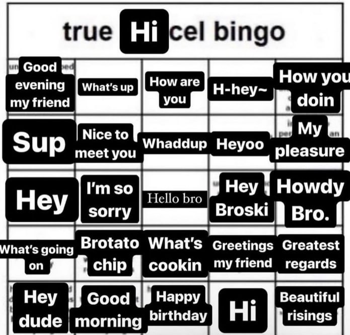 {гие bingo Good How are How H-hey~ my friend you doin to Sup meet you Whaddup Heyoo Hello bro Неу Номау Bro. hat's going Brotato What's Greetings Greatest chip cookin myfriend regards Hey Good Happy B