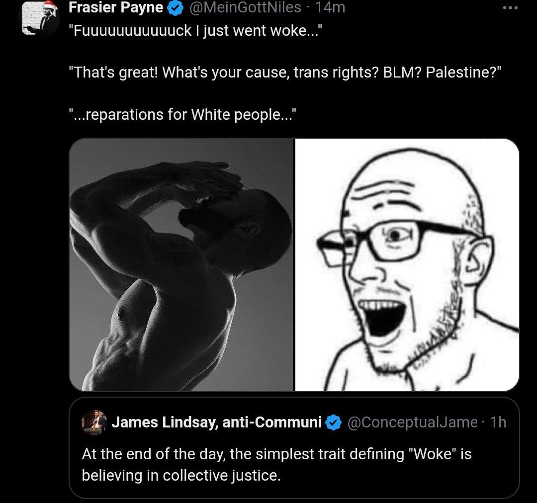 Frasier Payne just went woke...” "That's great! What's your cause, trans rights? BLM? Palestine?” for White people..." Я James Lindsay, anti-Communi At the end of the day, the simplest trait defining 