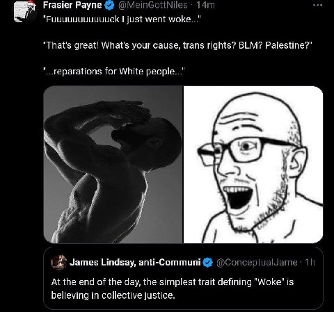 Frasier Payne just went woke...” "That's great! What's your cause, trans rights? BLM? Palestine?” for White people..." Я James Lindsay, anti-Communi At the end of the day, the simplest trait defining 
