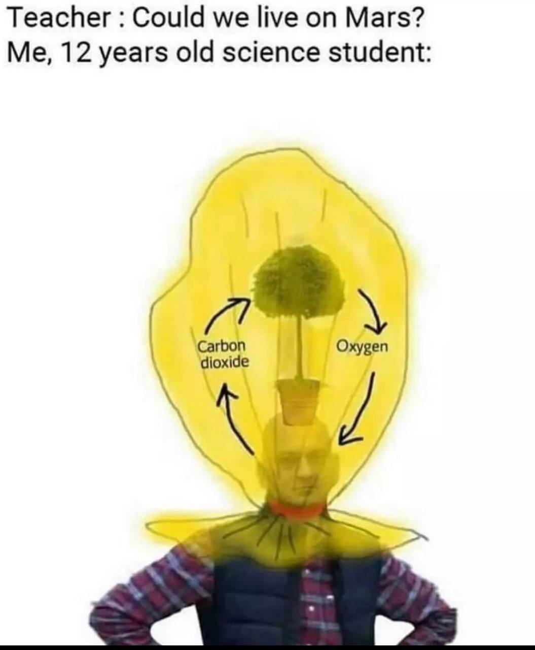 Teacher Could we live Mars? Me, 12 years old science student: Carbon Oxygen dioxide 2