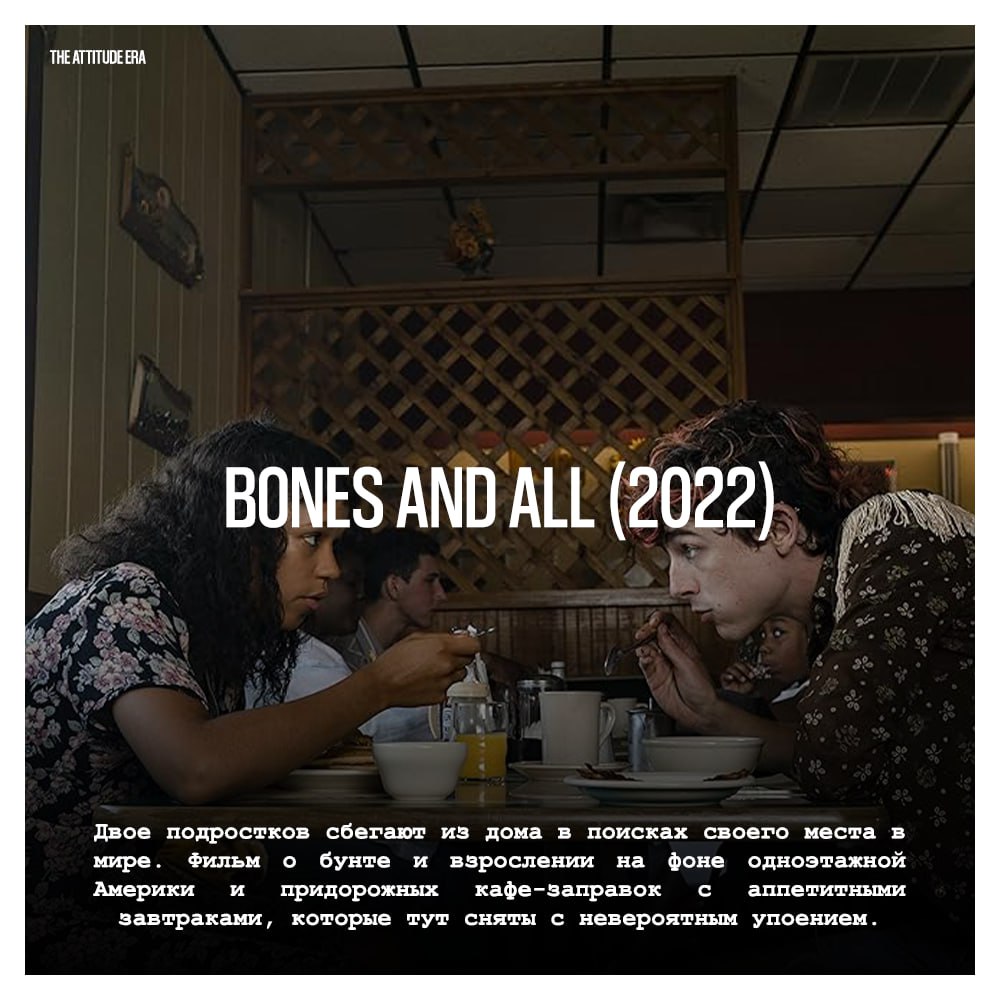 THEATTITUDE ERA BONES AND ALL (2022) Двое подростков сбегают из дома в поисках своего места в мире. Фильм о бунте и взрослении на фоне одноэтажной и с аппетитными Америки придорожных кафе-заправок зав