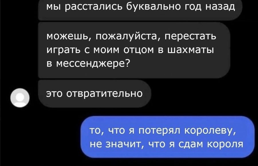 мы расстались буквально год назад можешь, пожалуйста, перестать играть с моим отцом в шахматы в мессенджере? это отвратительно то, что я потерял королеву, не значит, что я сдам короля