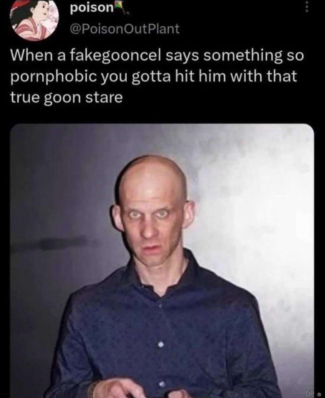 poison When a fakegooncel says something so pornphobic you gotta hit him with that true goon stare