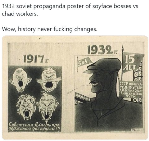 1932 soviet propaganda poster of soyface bosses chad workers. Wow, history never fucking changes. 1 СССР ТЕЛЬНО УТВЕР- FAG 2 ory к 4 Vad Советская про: держится недели,