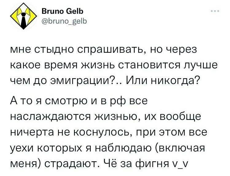 Bruno Gelb @bruno_gelb мне стыдно спрашивать, через какое время жизнь становится лучше чем до эмиграции?.. Или никогда? А то я смотрю и в все наслаждаются жизнью, вообще ничерта не коснулось, при этом