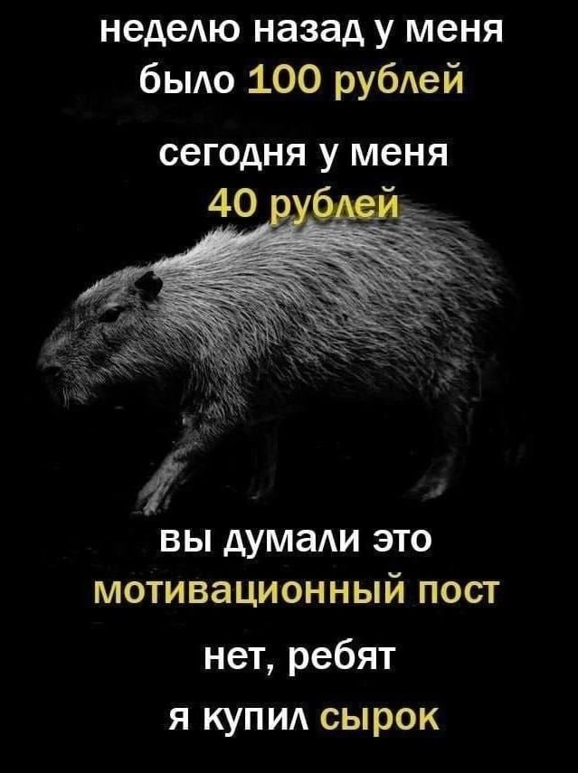 неделю назад у меня было 100 рублей сегодня у меня 40 рублей вы думали это мотивационный пост нет, ребят я купил сырок