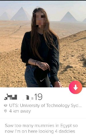 hee Awe i> 1.19 UTS: University of Technology Syd away Saw too many mummies in Egypt so now on here looking 4 daddies