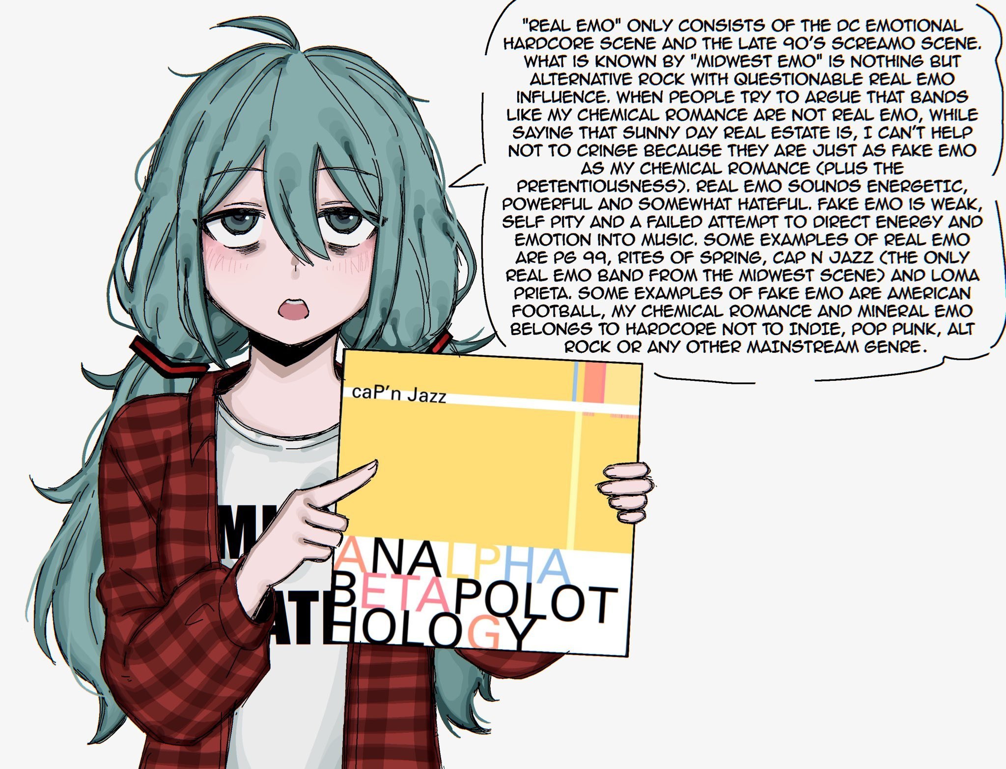 "REAL EMO" ONLY CONSISTS OF THE EMOTIONAL HARDCORE SCENE AND THE LATE SCREAMO SCENE. WHAT IS KNOWN "MIOWEST EMO" IS NOTHING ВИТ ALTERNATIVE ROCK WITH QUESTIONABLE REAL EMO 4 INFLUENCE, WHEN PEOPLE ТРУ