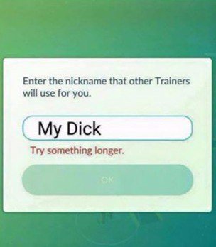Enter the nickname that other Trainers will use for you. My Dick Try something longer.