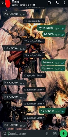 Папа был(-а) сегодня в 17:24 ноября Купи хлеба Белого у 20 ноября ключе 14:14 №1 2 21 ноября Бананы 1617 Булочка 1617 17 декабря На ключе 18:12 декабря На ключе 18:22 20 декабря 2024 “aS аключе 19:44 