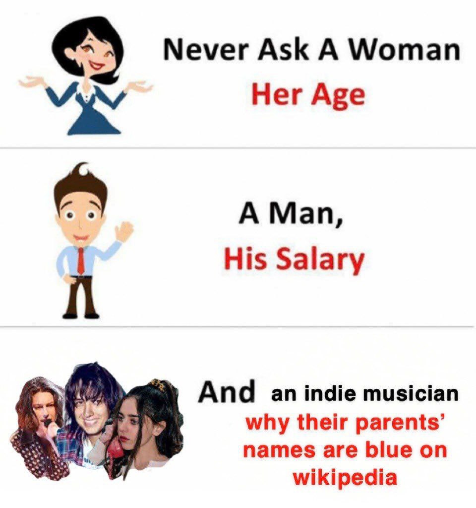 Never Ask А Woman Her Age A Man, His Salary And an indie musician why their parents’ names are blue on wikipedia