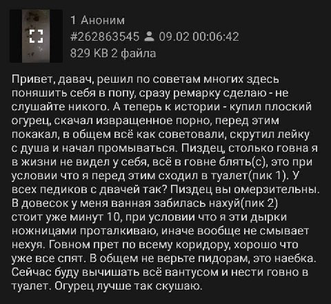 1 Аноним #262863545 09.02 00:06:42 829 2 файла Привет, давач, решил по советам многих здесь поняшить себя в попу, сразу ремарку сделаю не слушайте никого. А теперь к истории купил плоский огурец, скач