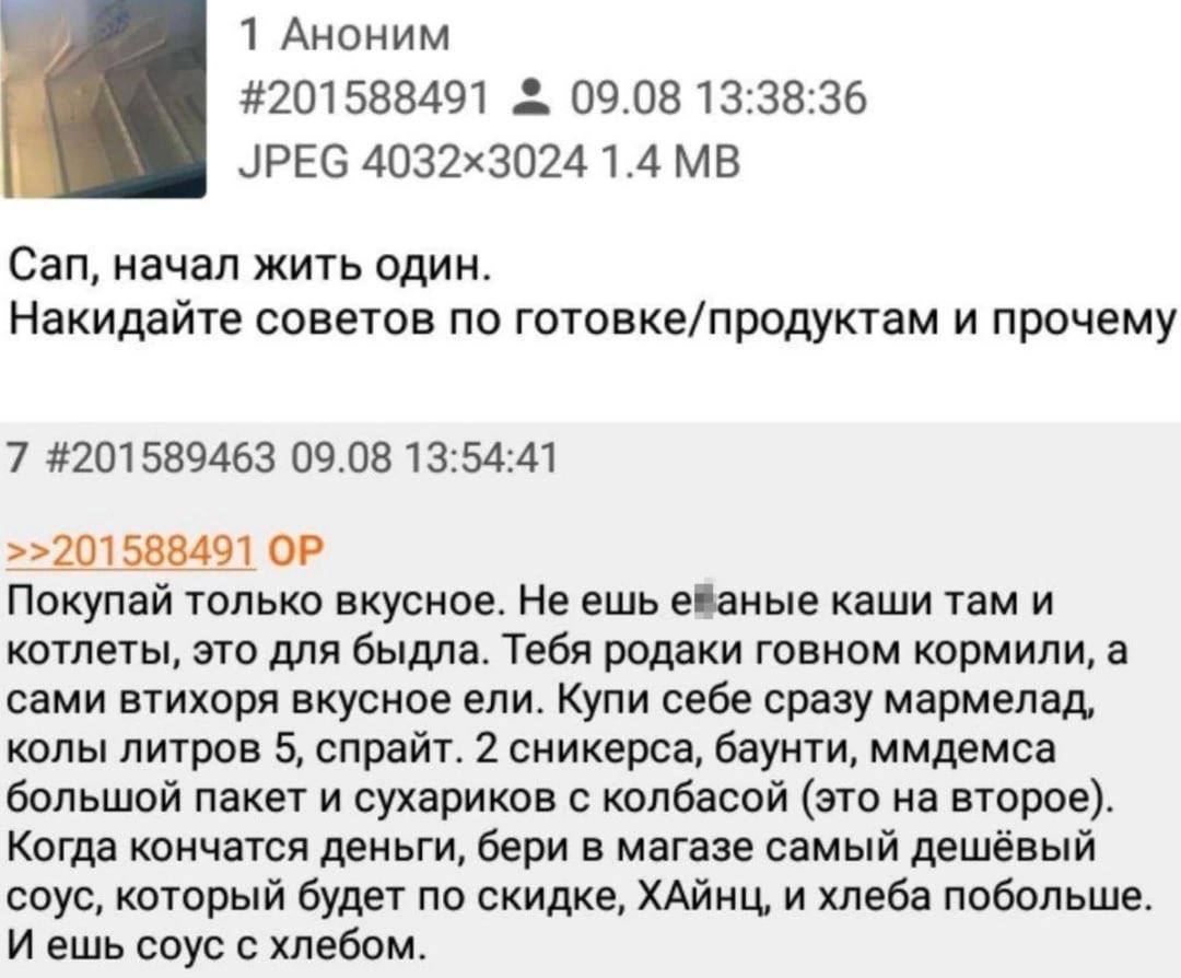 1 Аноним #201588491 09.08 13:38:36 JPEG 1.4 Сап, начал жить один. Накидайте советов по готовке/продуктам и прочему 7 #201589463 09.08 13:54:41 >>201588491 Покупай только вкусное. Не ешь еваные каши та