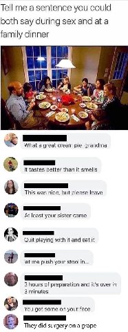 Tell me а sentence you could both say during sex and at a family dinner What a great cream pie, grandma It tastes better than it smells This was nice, but please leave At least your sister came Quit p