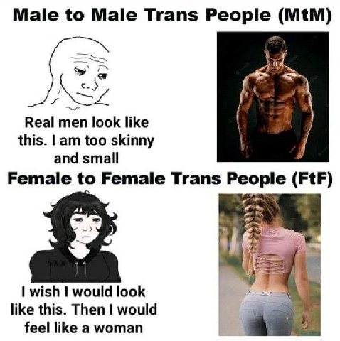 Male to Male Trans People к Real men look like this. too skinny and small Female to Female Trans People (FtF) wish would look like this. Then would feel like a woman
