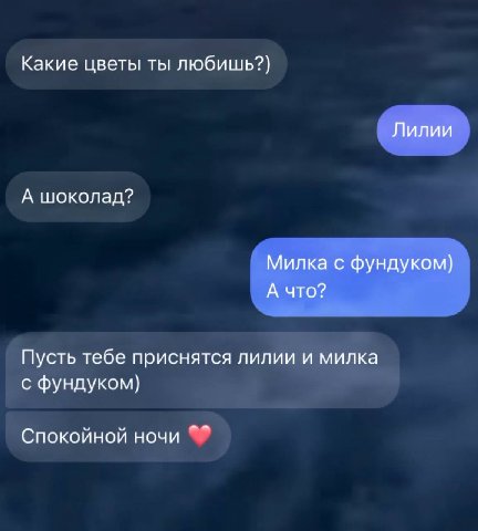 Какие цветы ты любишь?) Лилии А шоколад? Милка с фундуком) А что? Пусть тебе приснятся лилии и милка с фундуком) Спокойной ночи