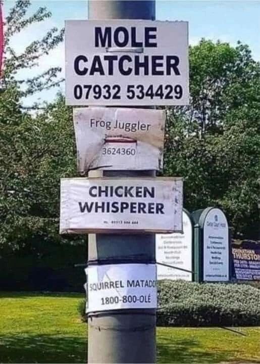 4 Я a pie CATCHER 2 07932 534429 on Frog Juggler 3624360 CHICKEN WHISPERER 5 JIRREL
