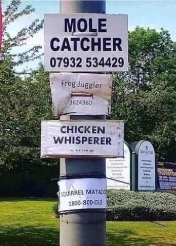 4 Я a pie CATCHER 2 07932 534429 on Frog Juggler 3624360 CHICKEN WHISPERER 5 JIRREL
