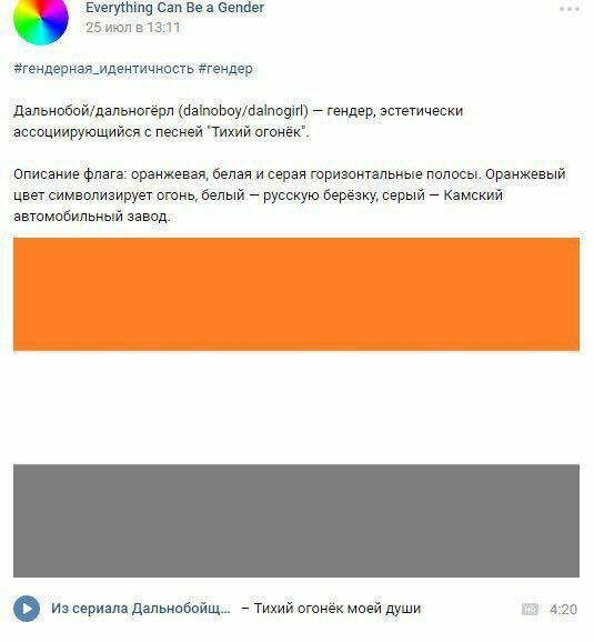 Everything Can Be a Gender 25 июл в 13:11 #гендерная_идентичность #гендер Дальнобой/дальногёрл (dalnoboy/dalnogirl) гендер, эстетически ассоциирующийся с песней "Тихий огонёк". Описание флага: оранжев