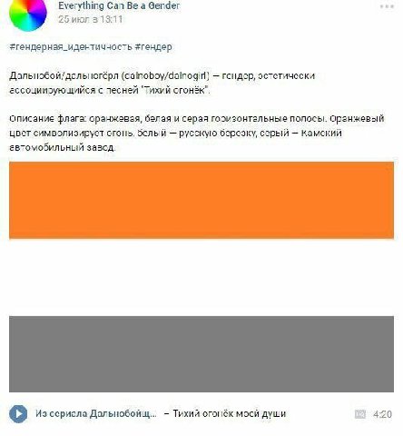 Everything Can Be a Gender 25 июл в 13:11 #гендерная_идентичность #гендер Дальнобой/дальногёрл (dalnoboy/dalnogirl) гендер, эстетически ассоциирующийся с песней "Тихий огонёк". Описание флага: оранжев