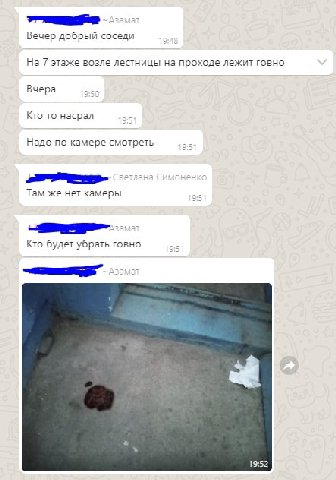 Вечер добрый соседи На 7 этаже возле лестницы на проходе лежит говно Вчера Кто то насрал Надо по камере смотреть Там же нет камеры Кто будет убрать говно 19:52