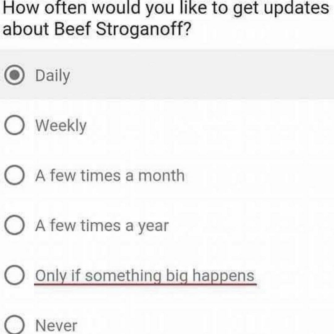 How often would you like to get updates about Beef Stroganoff? Daily О Weekly О A few times a month A few times a year Only if something big happens О Меуег