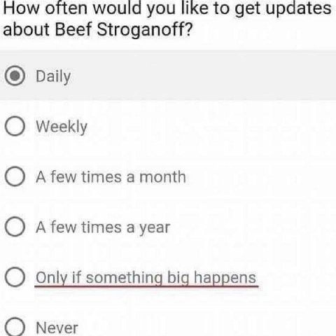 How often would you like to get updates about Beef Stroganoff? Daily О Weekly О A few times a month A few times a year Only if something big happens О Меуег