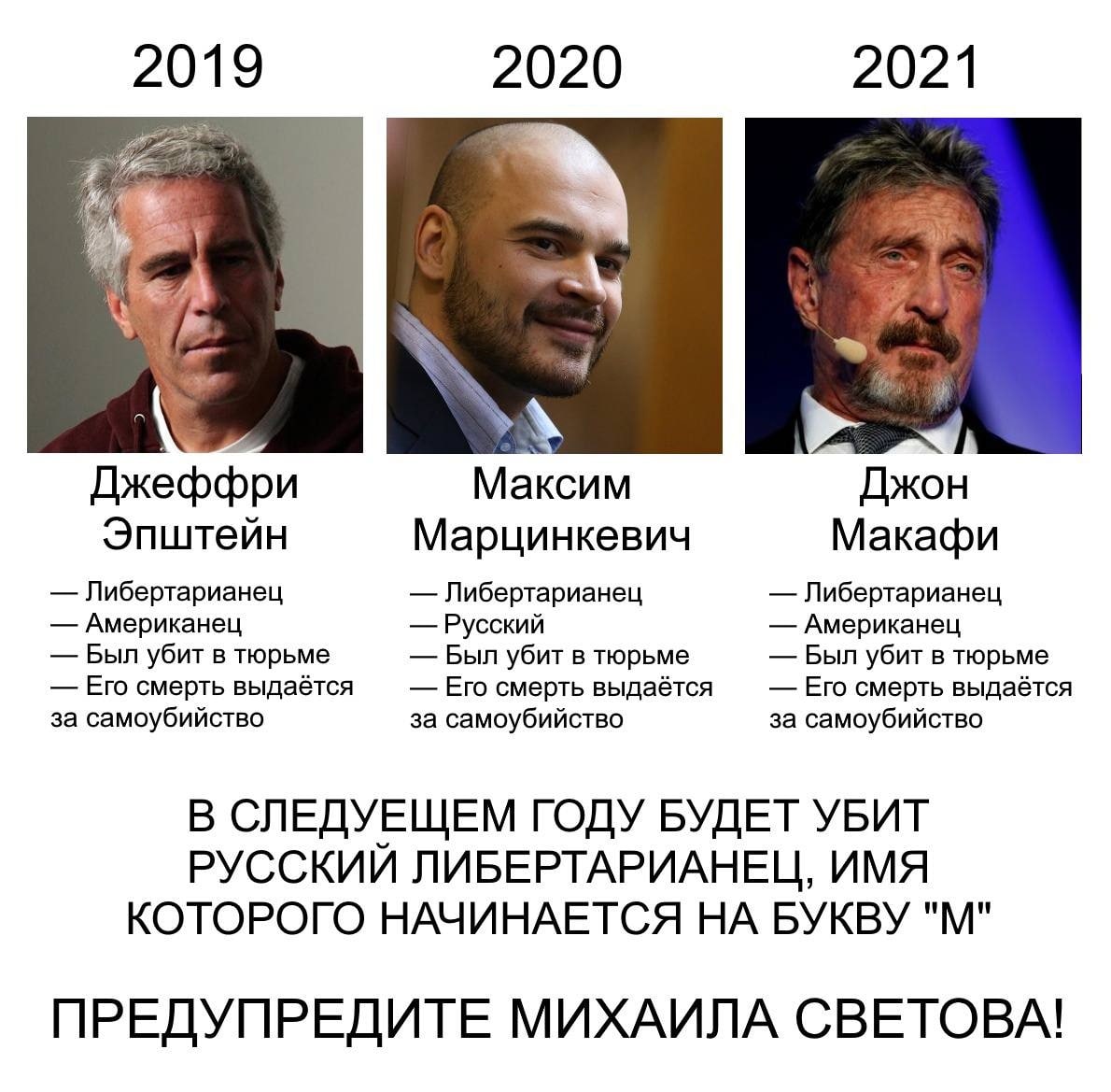 2019 2020 2021 4 Джеффри Максим Джон Эпштейн Марцинкевич Макафи Либертарианец Либертарианец Либертарианец Американец Русский Американец Был убит в тюрьме Был убит в тюрьме Был убит в тюрьме Его смерть